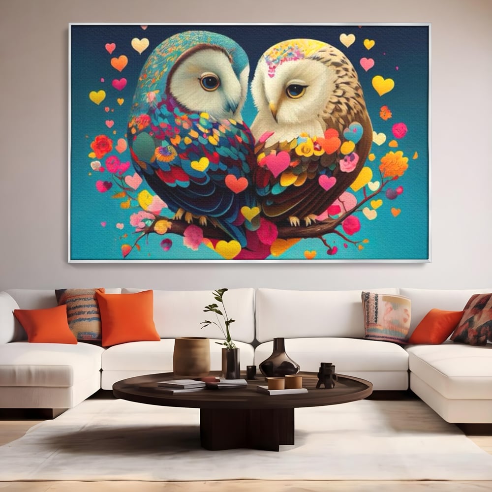 Tablou canvas cu tablou canvas cu doua bufnite colorate si inimi, in rama de aluminiu argintiu, pe perete intr-un living